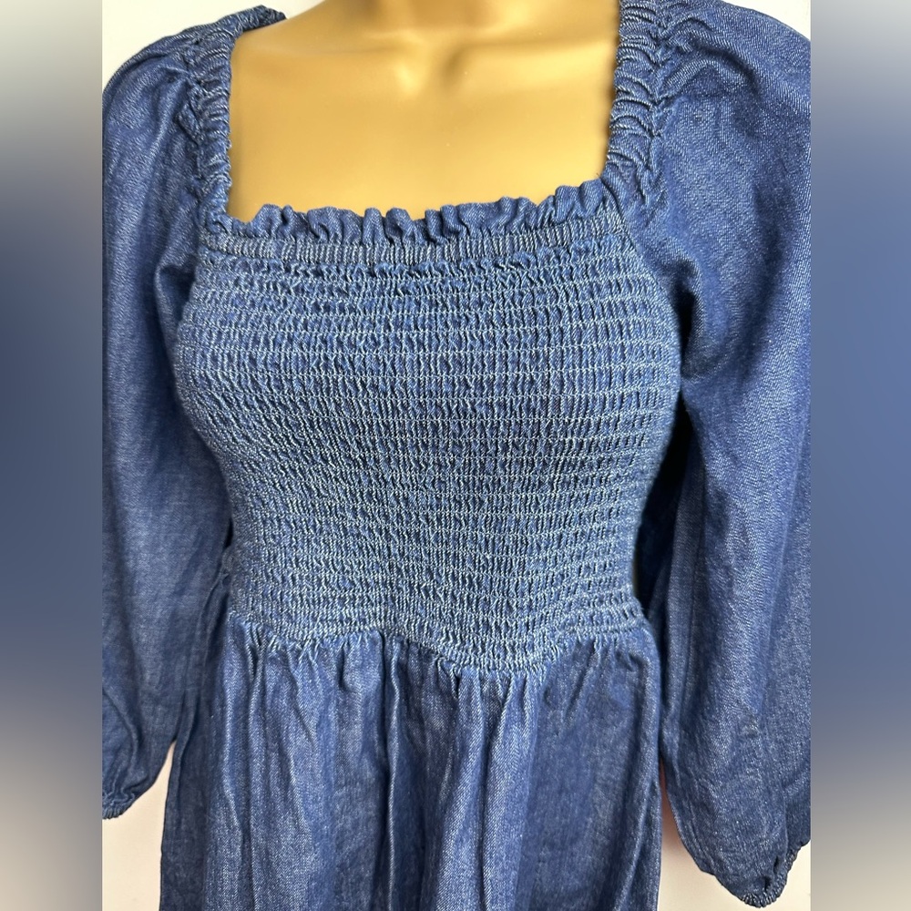 J.Crew 100%Cotton Smocked Fitted Bodice Long Puff Sleeve Chambray PullOn Dress S - Picture 8 of 16